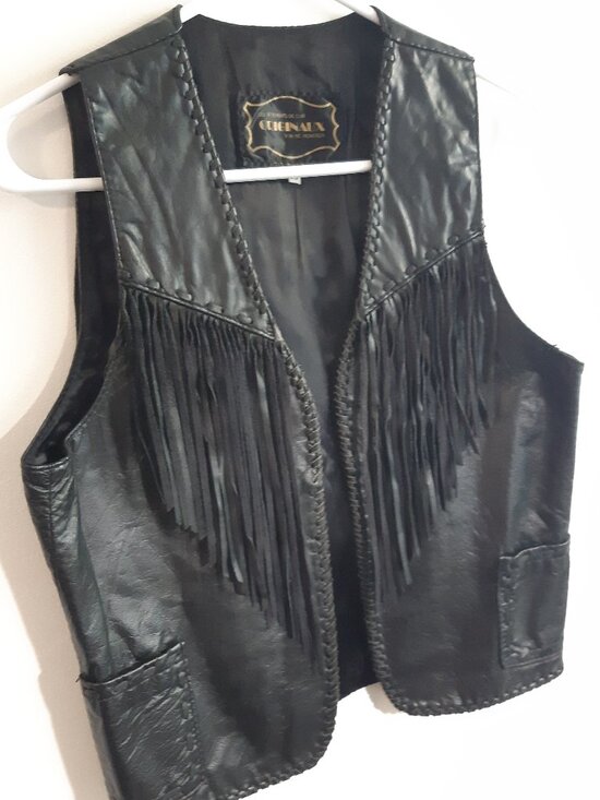 Originaux V.N. Inc. Montréal Jackets & Blazers - Vintage Genuine Leather Black Fringe Vest Biker Western Festival Made In Canada